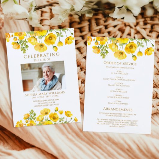 Yellow Wildflowers Funeral Order of Service Programmakaart