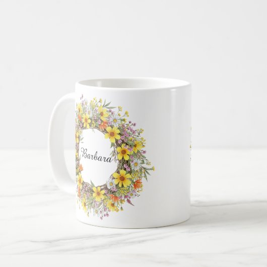  Yellow Wildflowers Krans Aangepaste naam Koffiemok (Voorkant links)