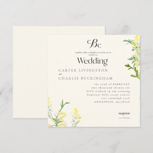 Yellow Wildflowers Monogram Square Wedding II Kaart (Voorkant / Achterkant)