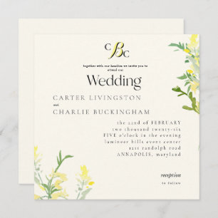 Yellow Wildflowers Monogram Square Wedding III Kaart