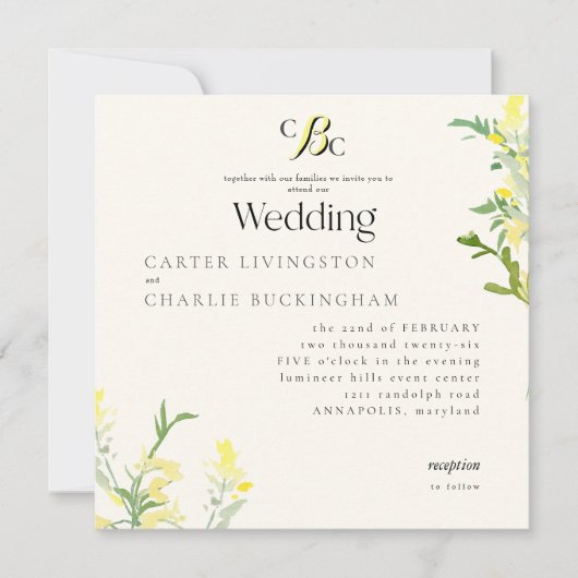 Yellow Wildflowers Monogram Square Wedding III Kaart (Voorkant)