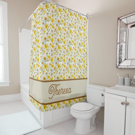 Yellow Wildflowers Pattern Monogram Name Douchegordijn (In situ)