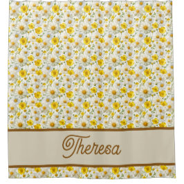 Yellow Wildflowers Pattern Monogram Name Douchegordijn