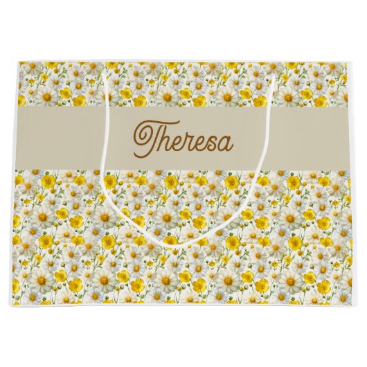 Yellow Wildflowers Pattern Monogram Name Groot Cadeauzakje (Voorkant)