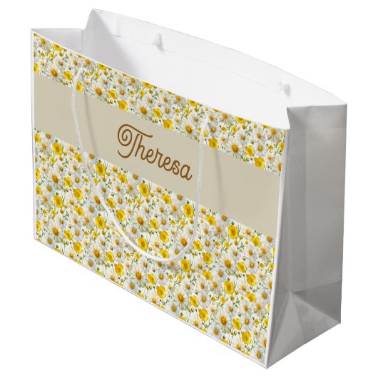 Yellow Wildflowers Pattern Monogram Name Groot Cadeauzakje (Achterkant Gekanteld)