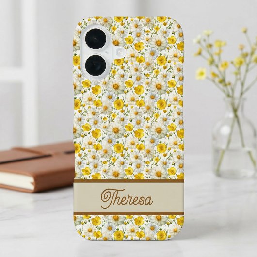 Yellow Wildflowers Pattern Monogram Name iPhone 16 Hoesje