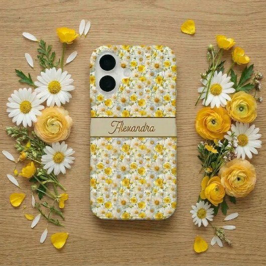 Yellow Wildflowers Pattern Monogram Name iPhone 16 Hoesje