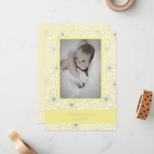 Yellow Wildflowers Silver Photo Naming Ceremony Notitiekaartje (Voorkant / Achterkant in situ)