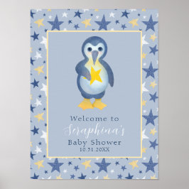 Yellow Winter Star Penguin Baby shower Welkom Poster