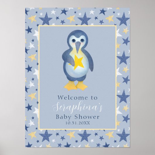 Yellow Winter Star Penguin Baby shower Welkom Poster (Voorkant)