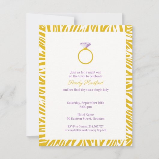 Yellow Zebra Bachelorette Party Flat Invitation Kaart (Voorkant)