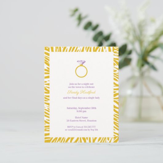 Yellow Zebra Bachelorette Party Flat Invitation Kaart (Staand voorkant)