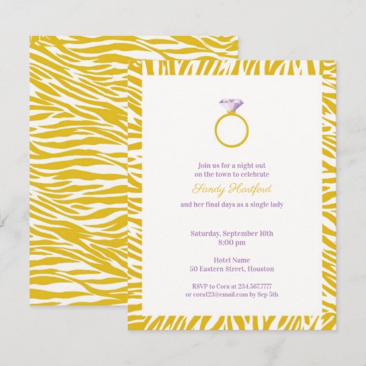 Yellow Zebra Bachelorette Party Flat Invitation Kaart (Voorkant / Achterkant)