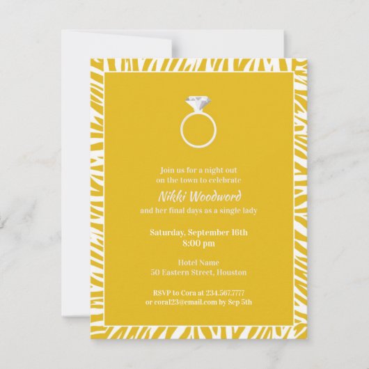 Yellow Zebra Bachelorette Party Flat Invitation Kaart (Voorkant)