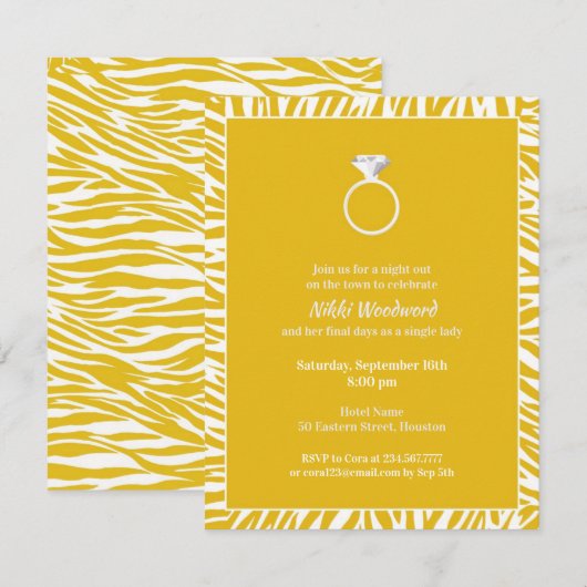 Yellow Zebra Bachelorette Party Flat Invitation Kaart (Voorkant / Achterkant)