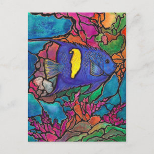 Yellowbar Angelfish Coral Reef Art "Glas in lood" Briefkaart