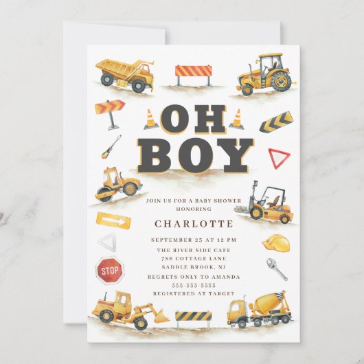 YellowConstruction Truck Baby shower Invitation Kaart (Voorkant)