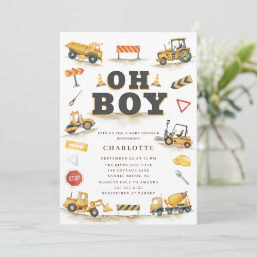 YellowConstruction Truck Baby shower Invitation Kaart (Staand voorkant)