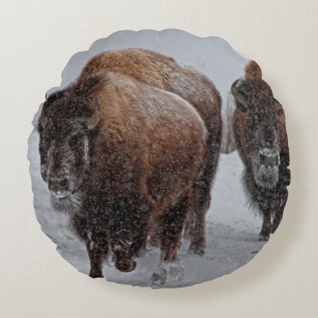 Yellowstone Bison Rond Kussen (Voorkant)