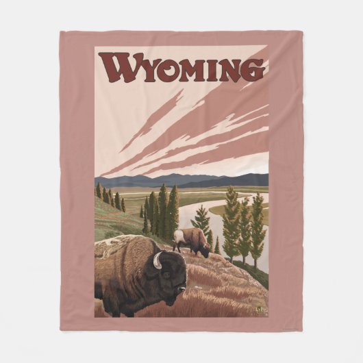 Yellowstone Bison Vintage Travel Poster Fleece Deken (Voorkant)