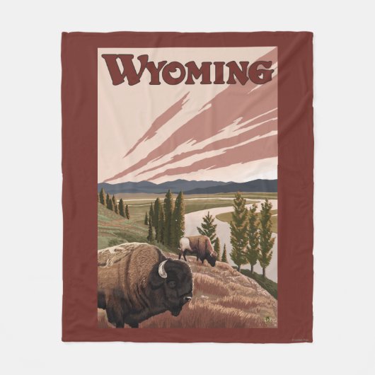 Yellowstone Bison Vintage Travel Poster Fleece Deken (Voorkant)