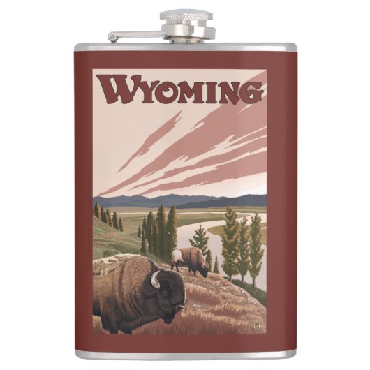 Yellowstone Bison Vintage Travel Poster Heupfles (Voorkant)