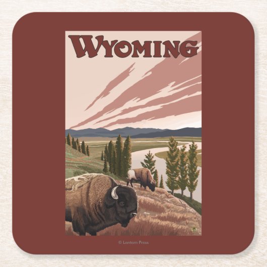 Yellowstone Bison Vintage Travel Poster Kartonnen Onderzetters (Voorkant)