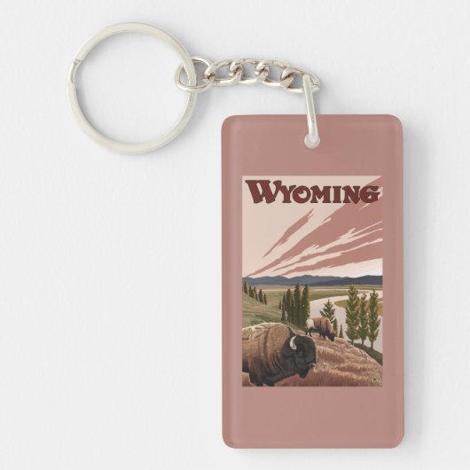 Yellowstone Bison Vintage Travel Poster Sleutelhanger (Voorkant)
