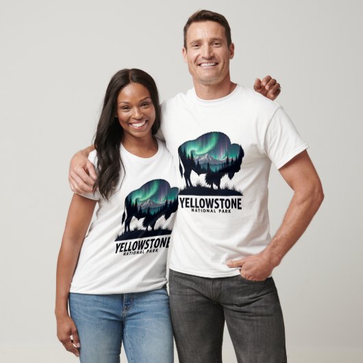 Yellowstone bizon met Aurora landschapsontwerp T-shirt (Unisex)