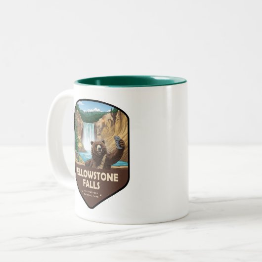 Yellowstone Falls Bear Selfie Shield Tweekleurige Koffiemok (Voorkant links)