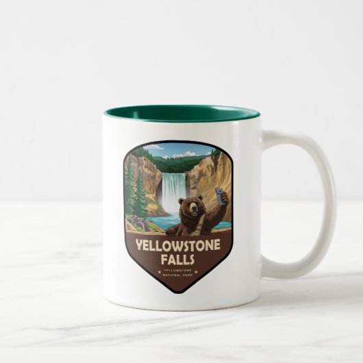 Yellowstone Falls Bear Selfie Shield Tweekleurige Koffiemok (Rechts)