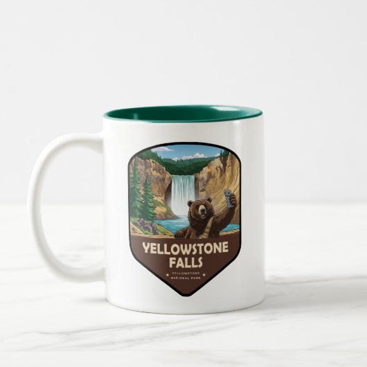 Yellowstone Falls Bear Selfie Shield Tweekleurige Koffiemok (Links)