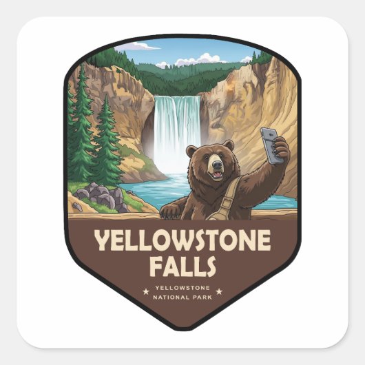 Yellowstone Falls Bear Selfie Shield Vierkante Sticker (Voorkant)