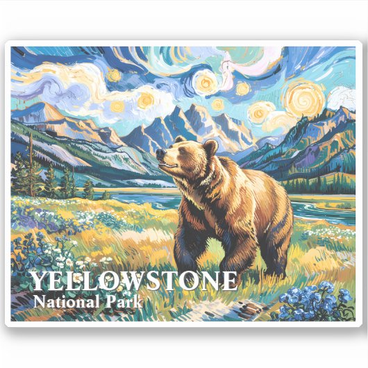 Yellowstone National Park Bear Landscape Van Gogh Sticker (Voorkant)