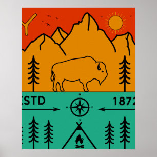 Yellowstone National Park Retro Wyoming USA Bison Poster
