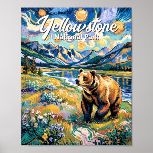 Yellowstone National Park Vintage Bear Van Gogh Poster (Voorkant)