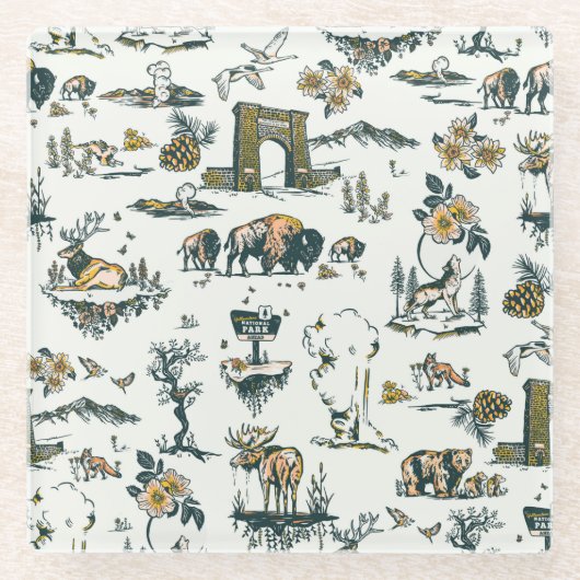 Yellowstone National Park Wildlife Pattern Glazen Onderzetter (Voorkant)