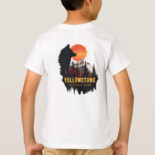 Yellowstone National Park, Wolf Sinaasappel Sunset T-shirt (Achterkant)