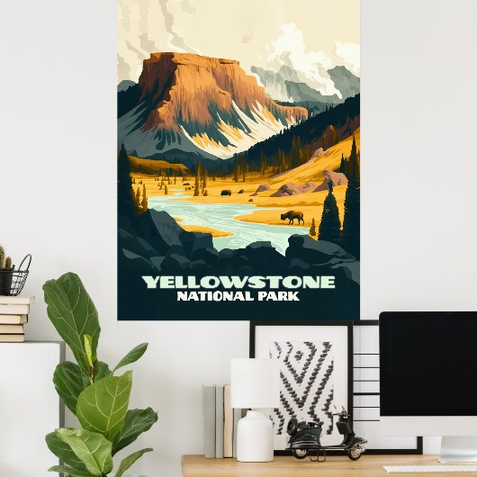 Yellowstone National Park Wyoming Mountains Retro Poster (Thuiskantoor)