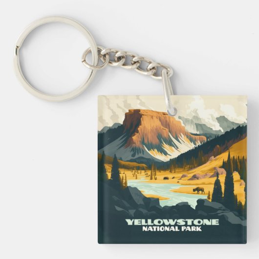 Yellowstone National Park Wyoming Mountains Retro Sleutelhanger (Voorkant)
