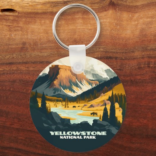 Yellowstone National Park Wyoming Mountains Retro Sleutelhanger (Voorkant)