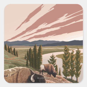 Yellowstone River Bison Vintage Travel Poster Vierkante Sticker