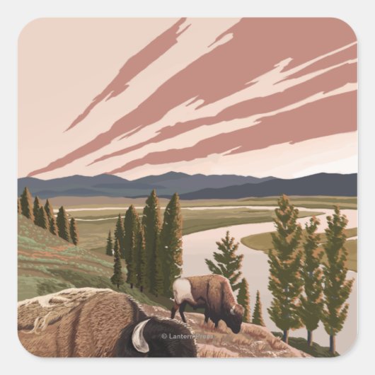 Yellowstone River Bison Vintage Travel Poster Vierkante Sticker (Voorkant)