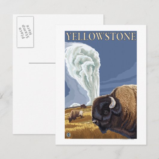 YellowstoneBison met ouderwets getrouw Briefkaart (Voorkant / Achterkant)