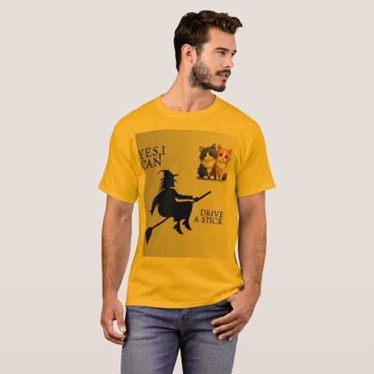 Yes, I Can Drive a Stick – Funny Witch & Cute Cats T-shirt (Voorkant volledig)