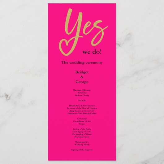 Yes We Do Hot Pink Gold Wedding menu (Achterkant)