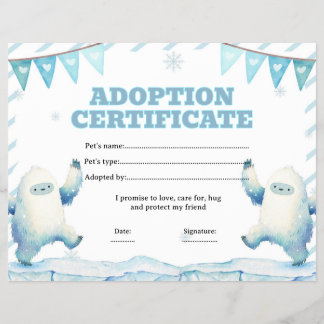 Yeti adopteer een huisdier certificaat bewerkbaar flyer