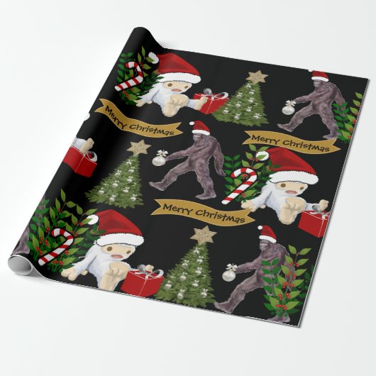 Yeti en Bigfoot Kerstmis Cadeaupapier (Uitgerold)