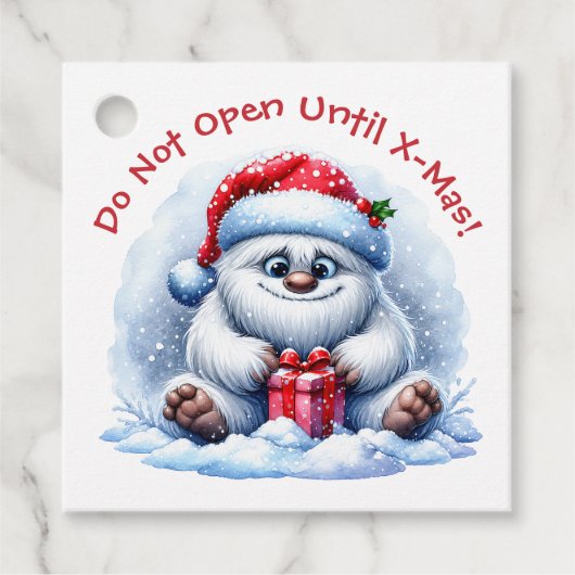 Yeti met cadeau – niet openen bedankjes labels (Voorkant)