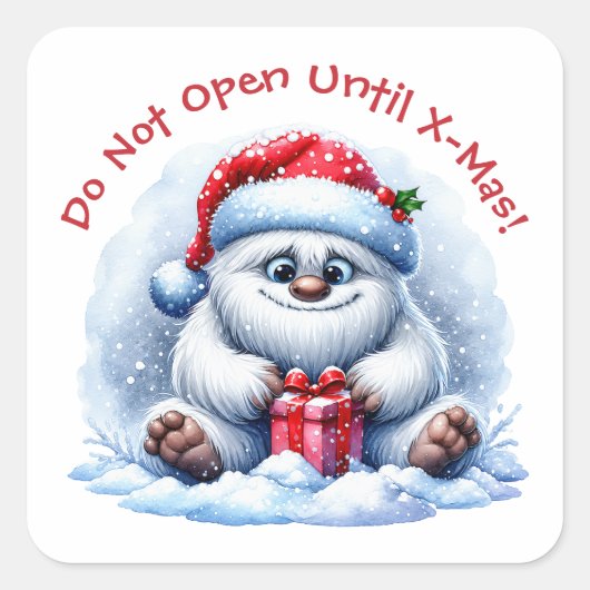 Yeti met cadeau – niet openen vierkante sticker (Voorkant)